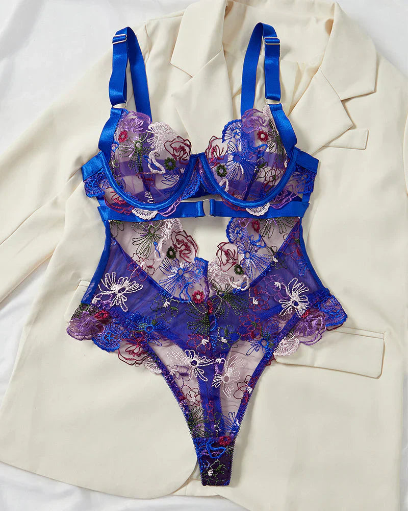 Monica™ | Ensemble de Lingerie en Mesh Élégant avec Broderie Florale & Détails Découpés