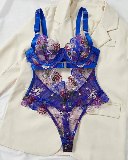 Monica™ | Ensemble de Lingerie en Mesh Élégant avec Broderie Florale & Détails Découpés