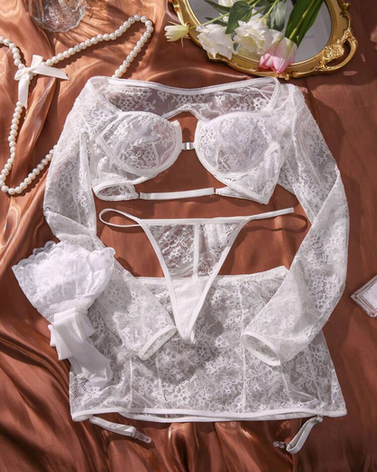 Savannah™ | 4-delige Kanten Lingerieset met Babydoll met Lange Mouwen