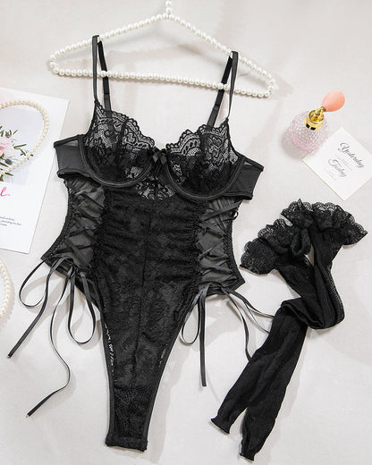 Christina™ | Transparante kanten body met bloemenprint en strik aan de zijkant