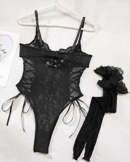 Christina™ | Transparante kanten body met bloemenprint en strik aan de zijkant