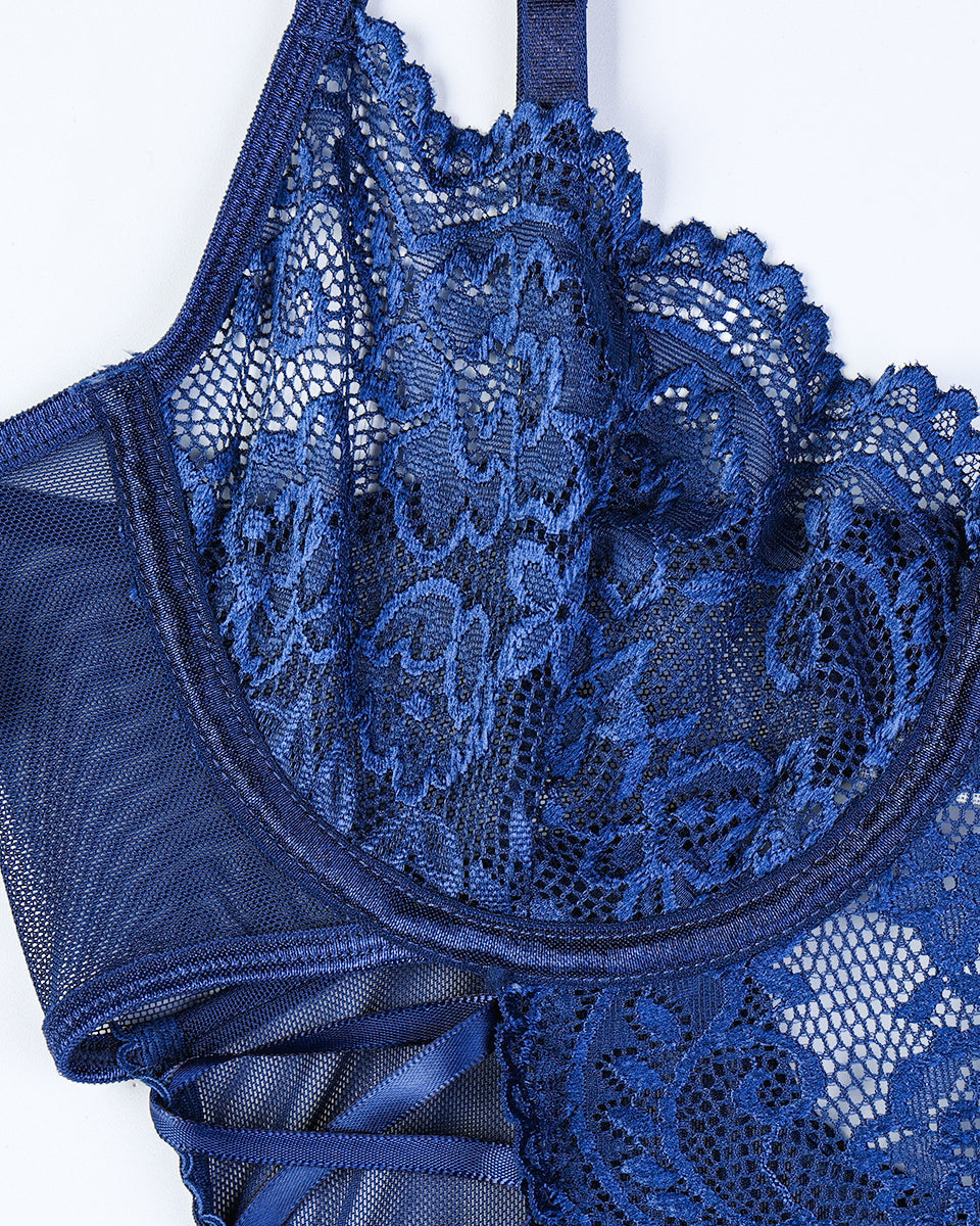 Christina™ | Transparante kanten body met bloemenprint en strik aan de zijkant